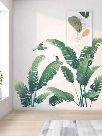 2 st väggklistermärken med tropiska gröna växter i naturlig stil, färska gröna växter och hjärtformade blad med vinblad, lämpliga för sovrum, vardagsrum, entré, heminredning, fågeldekor