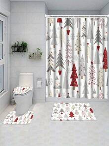 1/3/4 Pcs Christmas Tree Shower Curtain Set, Bathroom Decor Set Includes Waterproof Shower Curtain, Non-Slip Bath Mat, Toilet Seat Cover, Bath Rug And 12 Plastic Hooks, Bathroom Accessories, Home/Bar/Live Streaming Decor