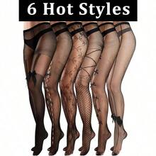Ramede 6 Pairs Women Fishnet Thigh High Stockings Waist Tights Bow Patterned Goth Fishnet Leggings Pantyhose For Halloween - 黑色+大號-加大號 - 查看 5