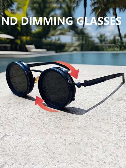 Free Mirror Case Included ND9 Adjustable Sunglasses For Men, Dual Filter Fishing & Driving Sunglasses, Personalized Business Travel Vintage Solid Color Sunglasses