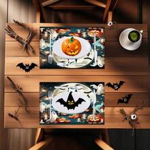 4 Stücke Halloween Horror Schloss & Kürbis Muster Leinen Tischsets - Gewebte Leinen rechteckige Tischsets für Speisezimmer, Küche, Kaffeetisch, Esszimmerdekoration - Verschiedenfarbig - Übersicht 10
