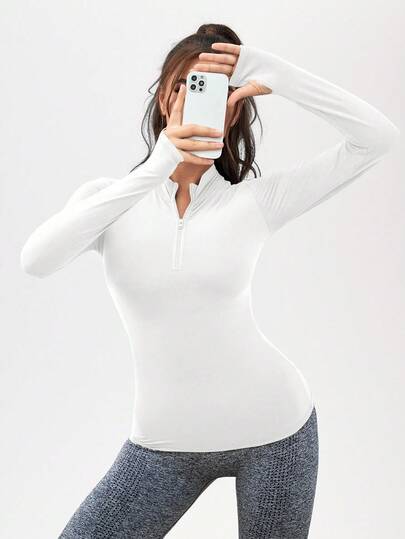 SHEIN Sports 女士纯色半拉链紧身运动卫衣