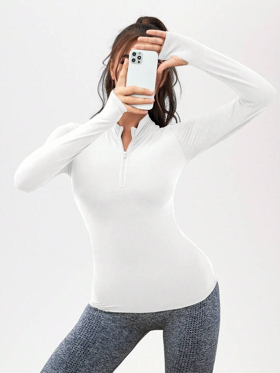 SHEIN Sports 女士纯色半拉链紧身运动卫衣 - 白色 - 查看 1