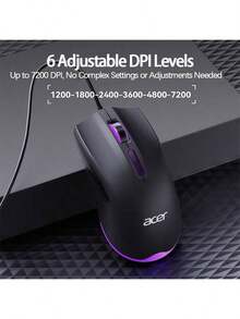 Acer OMW030有線發光滑鼠 遊戲辦公室雙模式 USB即插即用 炫彩呼吸燈效 舒適握感設計 相容桌上型電腦筆記型電腦 辦公室遊戲適用 黑色 - 黑色 - 查看 3