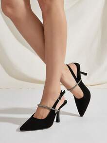 Schwarze Wildleder-Optik Pumps mit Strass-Dekor, Stilettoabsatz und Slingback, vielseitig für den täglichen Gebrauch, Bankette, Partys, modische Damenhochschuhe, Strass-Farbe und -Menge zufällig