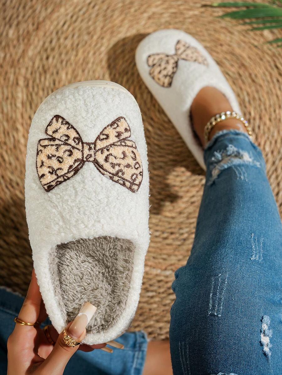 Women Slippers Leopard Bow Embroidery Flat Warm Winter House Comfy Shoes - màu nâu - Xem 1