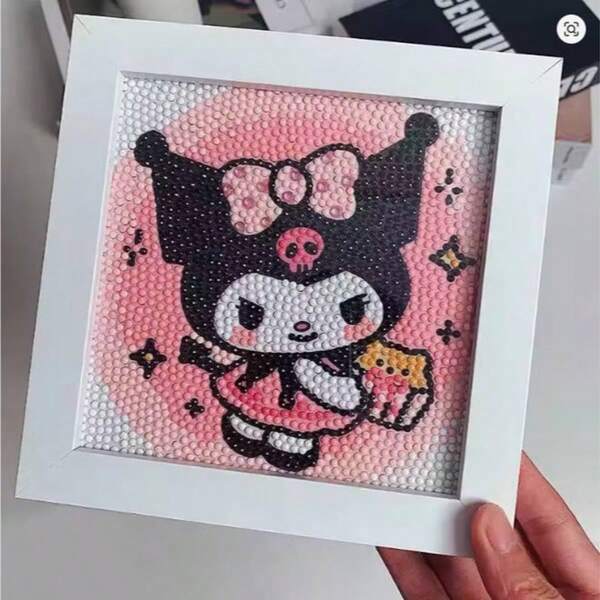 Kit de pintura de diamante 5D con marco, pastel lindo Kuromi Hello Kitty, arte de escritorio DIY, mejor regalo de cumpleaños