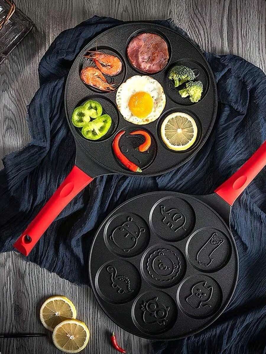 1 Stück 7-Loch Tier-förmige Ei-Knödel Pfanne, antihaftbeschichteter flacher Boden Cartoon Frühstücks-Eierpfanne mit 1 Stück Form, Familien-Essens-Zubehör, Party-Zubehör