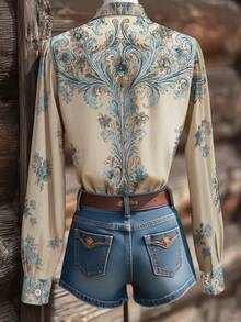 Plus Size Women's Retro Bohemian Style Printed Long Sleeve Summer Shirt, A Casual Fashionable Bohemian Style Elegant Ladies Blouse - Khaki - View 3