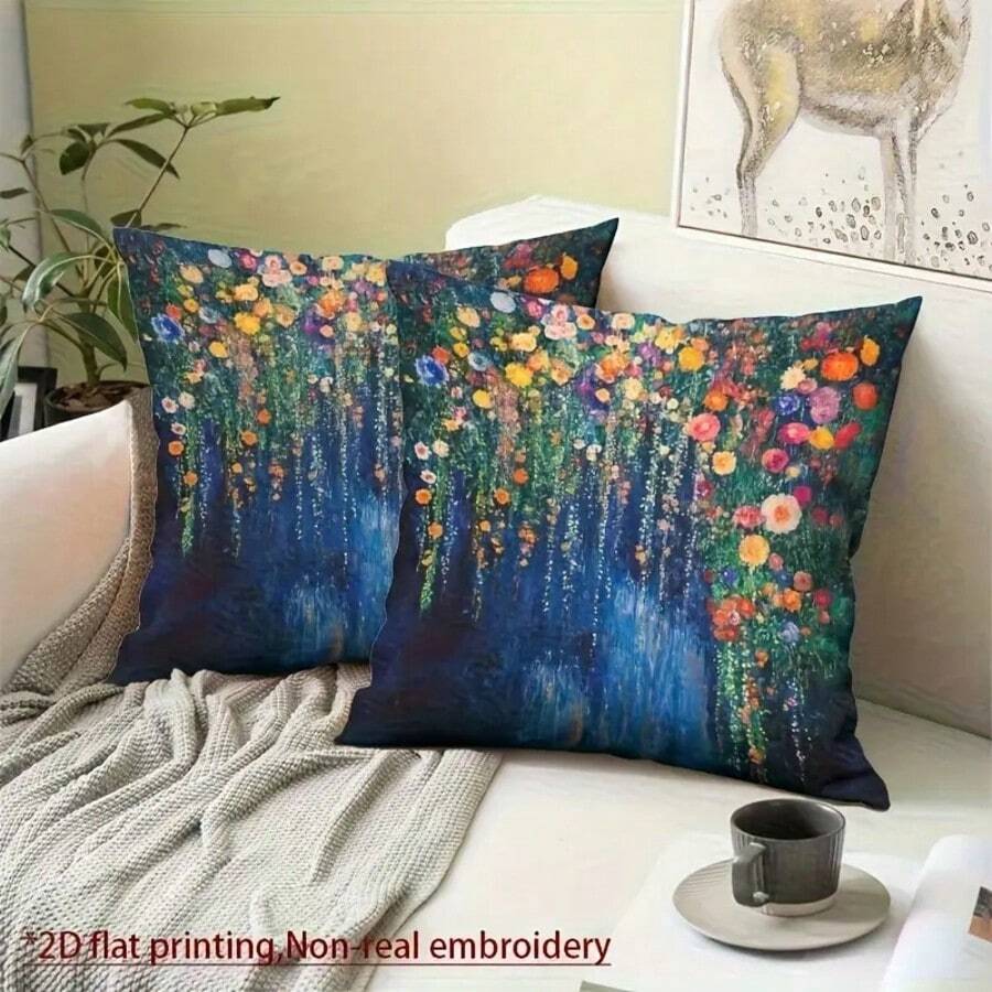 2 fundas de cojín con estilo de Gustav Klimt - Impresión plana 2D de arte floral vibrante, con cremallera suave, lavable a máquina para decoración del hogar cómoda en sala de estar, dormitorio, sofá, material duradero, diseño exclusivo de diseñador, insertos no incluidos, 2D plano