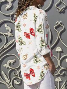 Christmas Snowflake & Bow Print Long Sleeve Shirt - Casual Polyester Top, Button Detail, Suitable For Holiday & Casual Wear, Digital Printing, Loose Fit - White - View 7