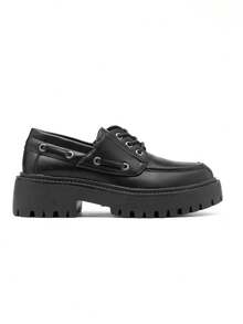 calcena Scarpe da barca da donna con plateau e suola carrarmato, design classico da barca con lacci e occhielli in metallo, comode scarpe mocassino con punta tonda per la scuola, l'università e lo streetwear per tutte le stagioni, moderno stile preppy-utility - nero - Visualizzare 2