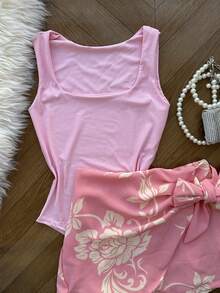 AMYLAN FASHION Women's Set Of Suplex Bodysuit + Skirt With Printed Shorts With Lining - 淺粉色 - 查看 2