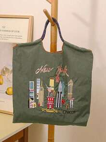 1pc Fashionable Versatile Embroidered Tote Bag, Lightweight Commuter Nylon Organizer Shopper Bag - Multicolor - View 11