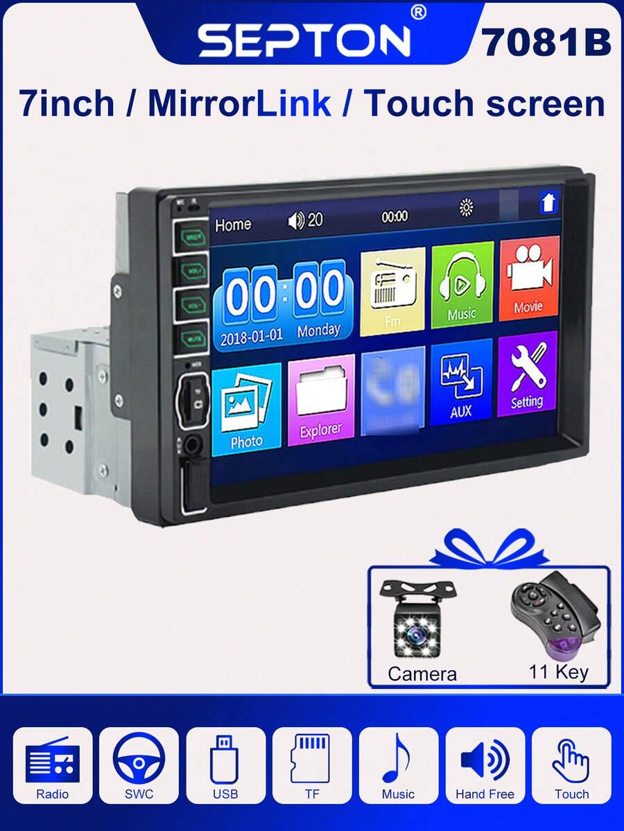 1 件 SEPTON 1 Din 车载收音机 MP5 播放器触摸屏支持汽车镜像链接多媒体播放器支持 SWC/AUX/BT/SD/USB/Mirrorlink/FM/RCA/HD 视频/U 盘适用于 7 英寸通用汽车 - 1 car radio with SWC & camera - 查看 1