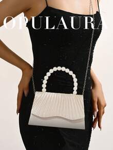 OpulAura 女士优雅仿珍珠缎面手提包，浪漫婚礼钱包，精致迷人的晚礼服配饰包，褶皱设计精致手拿包，适合晚会、舞会、生日派对、节日礼物等正式场合 - 杏色 - 查看 7
