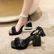 Tacones altos de malla nuevas sandalias romanas de hadas francesas de cristal de talón medio y grueso en verano para mujeres, Sandalias de tacón para mujer - Negro - Ver 2