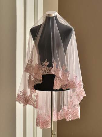 1 件带蕾丝花边的勃艮第新娘面纱，复古优雅装饰，适合婚礼、婚纱配饰、万圣节服装秋季女士服装