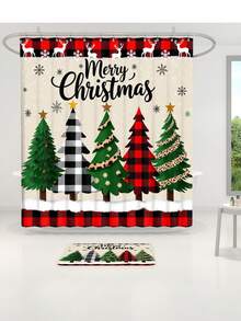 1 Stück/4 Stücke fröhliche Weihnachten bunte Weihnachtsbaum Muster multifunktionale wasserdichte Duschvorhang mit 12 Haken, rutschfeste Badezimmermatte, U-förmige Bodenmatte und runde Toilettendeckelabdeckung, Badezimmer-Set für alle Situationen