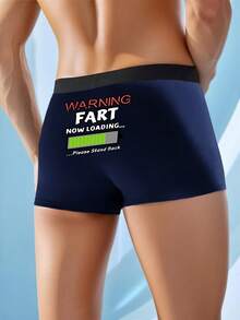 1-Piece Set Fun And Wacky "WARNING FART" Printed Navy Blue Men's Boxer Briefs, Comfortable, Skin-Friendly, Soft And Breathable Shorts, Comfortable For Both Casual And Daily Wear, A Fun Gift For Boyfriends On Halloween, Christmas And Valentine's Day - Navy Blue - View 1