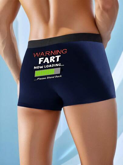 1-Piece Set Fun And Wacky "WARNING FART" Printed Navy Blue Men's Boxer Briefs, Comfortable, Skin-Friendly, Soft And Breathable Shorts, Comfortable For Both Casual And Daily Wear, A Fun Gift For Boyfriends On Halloween, Christmas And Valentine's Day
