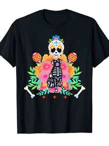Camiseta Unissex de 'Día De Los Muertos' con Calavera y Perro - Estampado Arte Popular Mexicano, Diseño Cempasúchil & Sombrero para Celebra el Dia del Muerto. Cuello Redondo Casual Para Adults Y Jóvenes Lavable a Maquina Gráfico Vibrante Con Temática Festiva Cultural Mexica Ropa, Ajuste Regular Uso Todo-Temporada - Oscuro - Ver 1