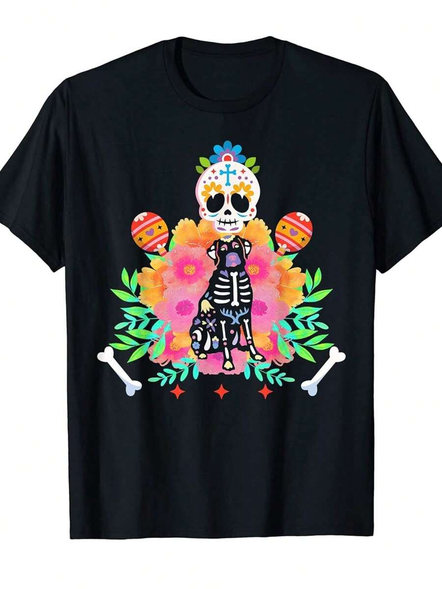Camiseta Unissex de 'Día De Los Muertos' con Calavera y Perro - Estampado Arte Popular Mexicano, Diseño Cempasúchil & Sombrero para Celebra el Dia del Muerto. Cuello Redondo Casual Para Adults Y Jóvenes Lavable a Maquina Gráfico Vibrante Con Temática Festiva Cultural Mexica Ropa, Ajuste Regular Uso Todo-Temporada - Oscuro - Ver 1