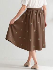 Embroidered A-Line Midi Skirt Women's Brown Stretchy Waist Comfort Fit Mid-Length Skirt With Botanical Green White Flowers Design For Autumn Daily Casual Vacation Outfit - 棕色 - 查看 3