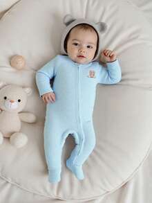 Newborn Baby Girl Boy Romper Crew Neck Long Sleeve Boots/Bear/Truck Print Fall Zipper Footed Jumpsuit - Blue - View 6