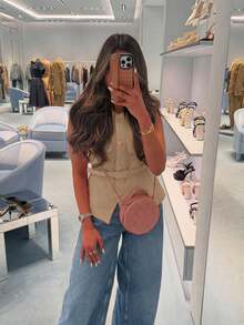 女士优雅无袖单排扣休闲时尚口袋装饰背心 - 金色 - 查看 4