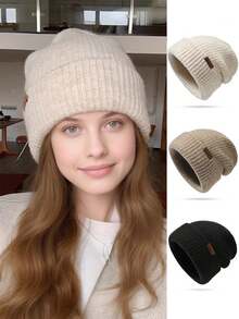 1pc Women's Knit Beanie Hat With Small Leather Patch, Warm Ear Protection, Versatile For Autumn/Winter, Suitable For Outdoor Activities