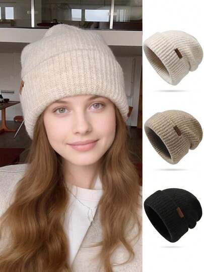 1pc Women's Knit Beanie Hat With Small Leather Patch, Warm Ear Protection, Versatile For Autumn/Winter, Suitable For Outdoor Activities