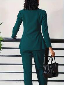 Women's Casual Suit Set With Mandarin Collar Pants, Single Button, Dual Pockets, Comfortable Workwear, Long Sleeve, High Waist Trousers, 2-Piece Suit, Solid Color, Button, Pockets, Office & Daily Wear, Spring, Autumn, Winter - Dark Green - View 3
