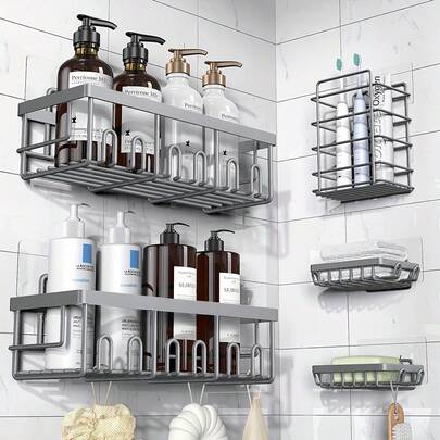 Adhesive Shower Caddy, 5 Pack Rustproof Stainless Steel Bath Organizers With Large Capacity, No Drilling Shelves For Bathroom Storage & Home Decor