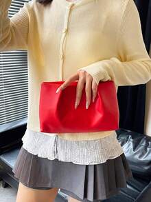 小信封形编织手提包，复古风格女包 - 紅色 - 查看 3