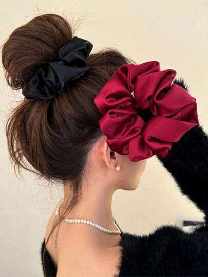 3 件/1 件女式 7.09 英寸/18 厘米超大丝缎黑色/红色发圈，时尚百搭高端优雅简约纯色马尾辫夹，适合日常休闲、通勤、度假、发型设计、化妆、服装搭配配饰发圈发圈发圈