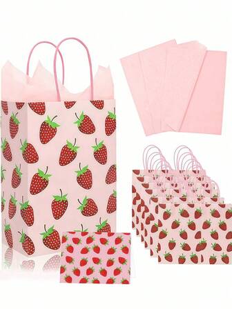 20 件带手柄的草莓派对礼品袋，可爱的草莓纸质礼品袋 - 粉色薄纸派对装饰套装，适合男士女士 Sweet One 脆饼生日婴儿洗礼婚礼装饰
