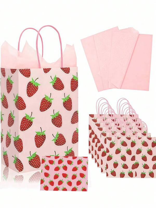 20 piezas - Bolsas de regalo con asas con diseño de fresa, bolsas de papel con diseño de fresa lindas - Juego de decoración de fiesta con papel de seda rosa para hombres, mujeres, pastel de fresa, cumpleaños, baby shower, boda
