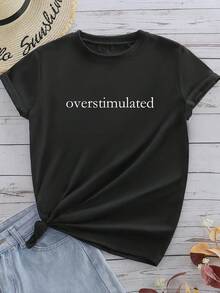 Women's Oversized Casual Pattern-Shirt - Overstimulation Print Short Sleeve Summer Top, Black With White Letters, Breathable Round Neck-Shirt, Comfortable Loose Fit, Washable Shirt (0XL-5XL) - màu đen - Xem 9