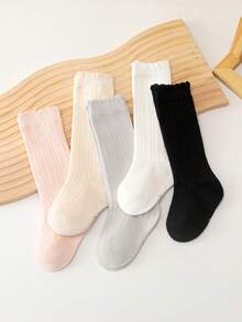 1 Pair Girls' Solid Color Knee High Socks With Ruffle Trim, Autumn/Spring