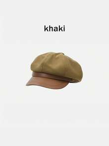 1pc Retro Octagonal Cap, Fabric With Leather Brim, Korean Style, Versatile, Fits Large Head Circumference, Japanese Painter Cap