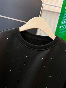 Hessen Plus Size Women's Fashion Elegant Knit Casual Daily Wear Loose Sweatsuit Set, Luxury Rhinestone Embellished Round Neck Long Sleeve Sweatshirt And Shorts, Women 2 Piece Set, Suitable For Party, Gathering, Travel, Holiday Gift, Graduation Outfit - Black - View 3