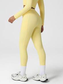 Sodalemon Women's Fitness Yoga Leggings, Side Pockets, Seamless Front, Casual Workout Pants, Sports Running Tights - Vàng nhạt - Xem 5
