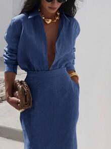 Women's Solid Color Long Sleeve Single-Breasted Shirt And Midi Skirt Casual Outfit, Autumn - Blue - View 2