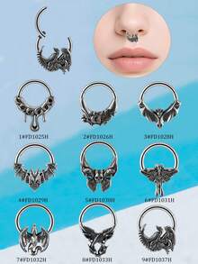 1PC Punk Retro Many Style Nose Stud Bat/Skull/Lizard/Two Dragons Cross Black Oil Drip Hinger Septum Nose Ring Stainless Steel Ear Tragus Cartilage Daith Helix Earring Unisex Gift - Steel - View 12
