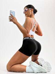 SHEIN Sports Letter Tape Waist Sports ShortsWomen Sweat Short, Gym Short, Biker Short - Black - View 6