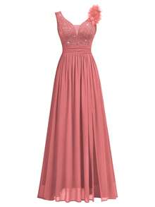 MIUSOL Elegant Women's Sequin Floral Lace Sweetheart Neck Maxi Dress, Sleeveless With Applique Shoulder, Ruched Chiffon Split Thigh Hem, For Evening Party - 藕粉色 - 查看 7
