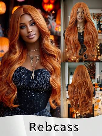 橙色26英寸长波浪卷假发，中分无刘海，合成纤维材质，适合女士和女孩，日常佩戴，适合派对、万圣节等场合。高品质，外观自然，柔软舒适，适合初学者。