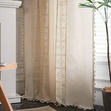 Boho Curtain Crochet Lace Patchwork Semi-Blackout Bohemian Handmade Tassels, Rod Pocket Window Treatment Vintage Rustic Farmhouse Drapes For Bedroom, 1 Panel 59" W X 108" L, Beige - 米色拼布59寬x108公升1包 - 查看 3