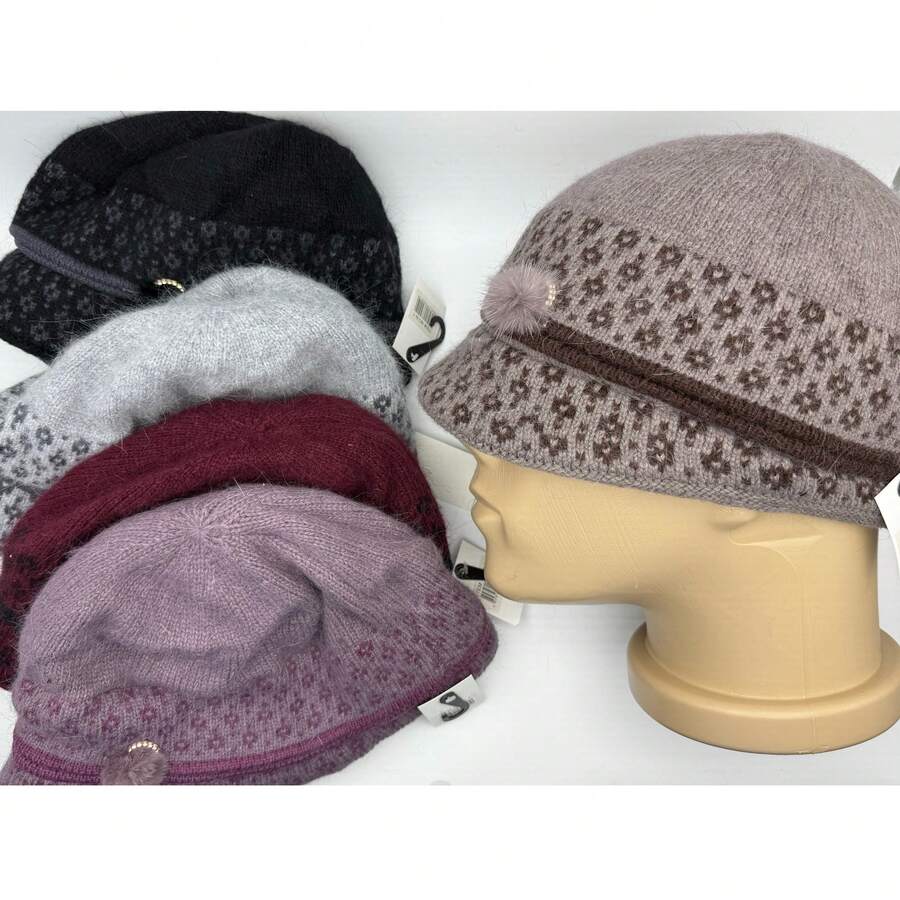 Cappello lavorato a maglia con stampa floreale, elegante, per mantenere al caldo le donne anziane durante l'autunno e l'inverno